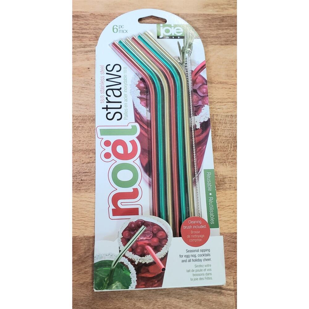 Joie NOEL Stainless Steele Straws 6pcs With Cleaning Brush, XMAS, NEW